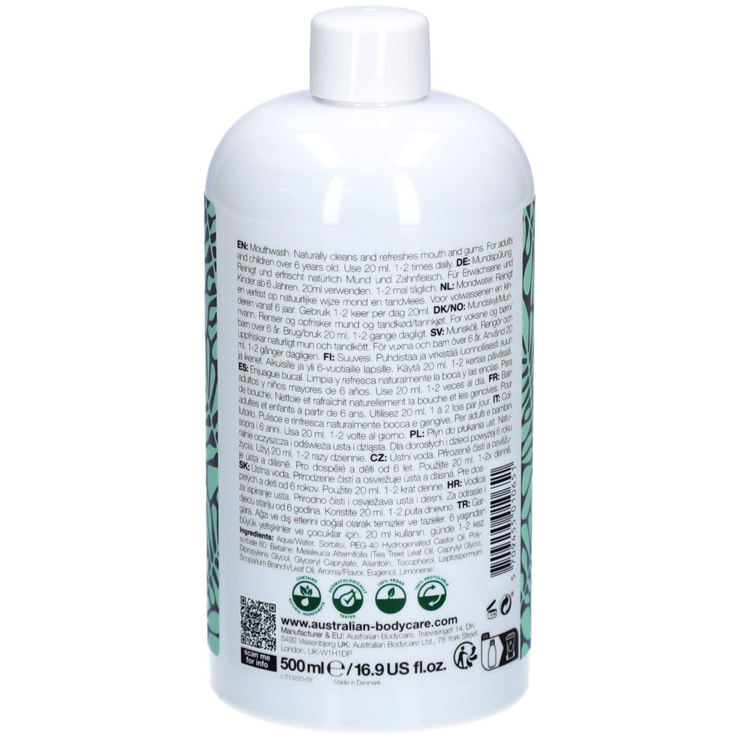 Bouteille blanche avec motif de feuilles vertes. Texte multilingue au dos.