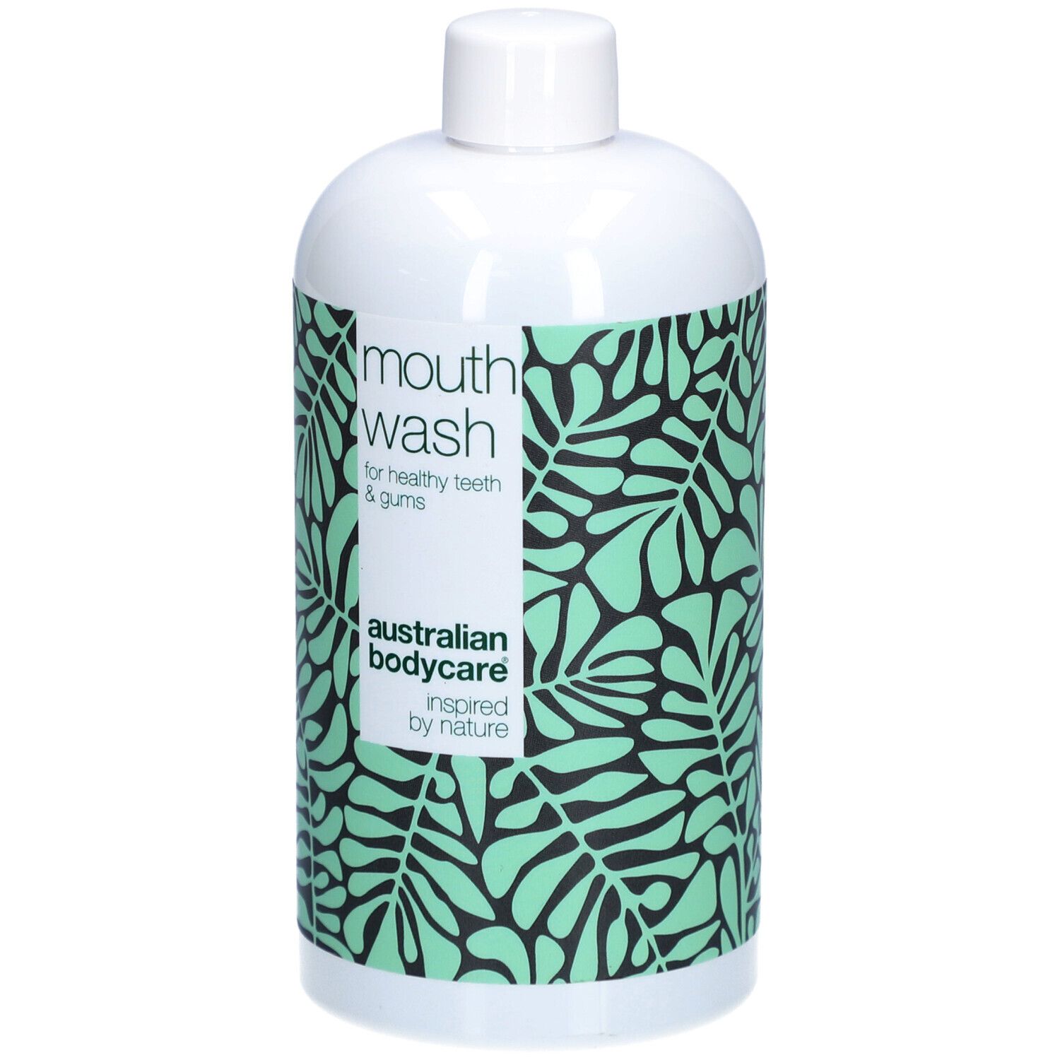 Bouteille blanche avec motif de feuilles vertes. Inscription: mouth wash, Australian Bodycare.