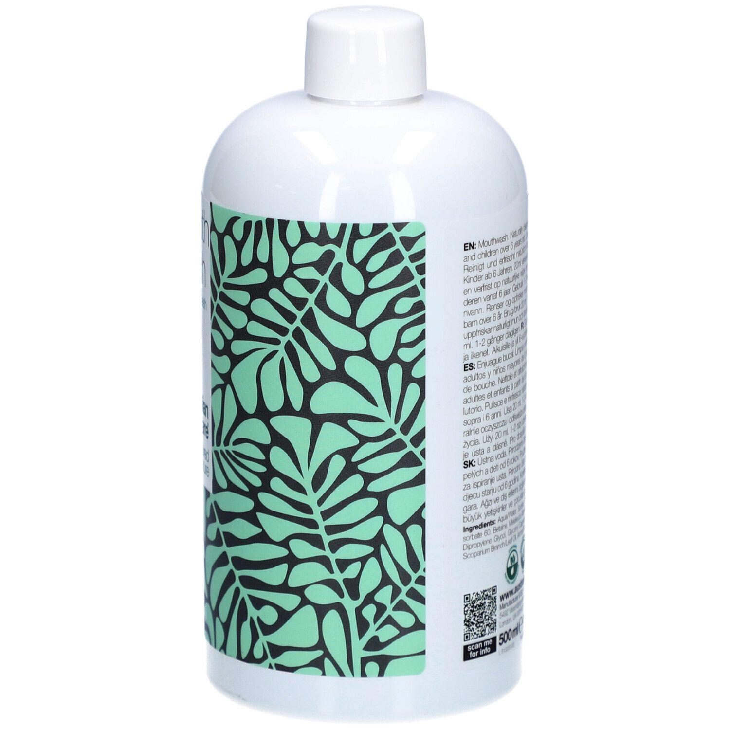 Bouteille blanche avec motif de feuilles vertes. Texte multilingue au dos.