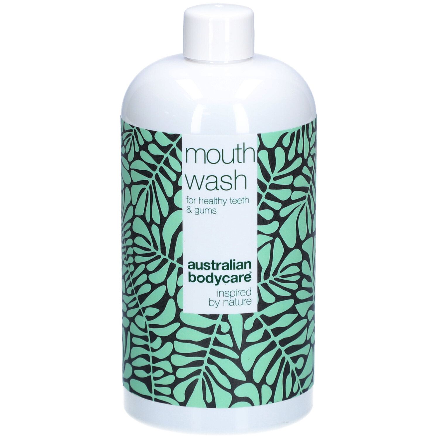 Bouteille blanche avec motif de feuilles vertes. Inscription: mouth wash, Australian Bodycare.