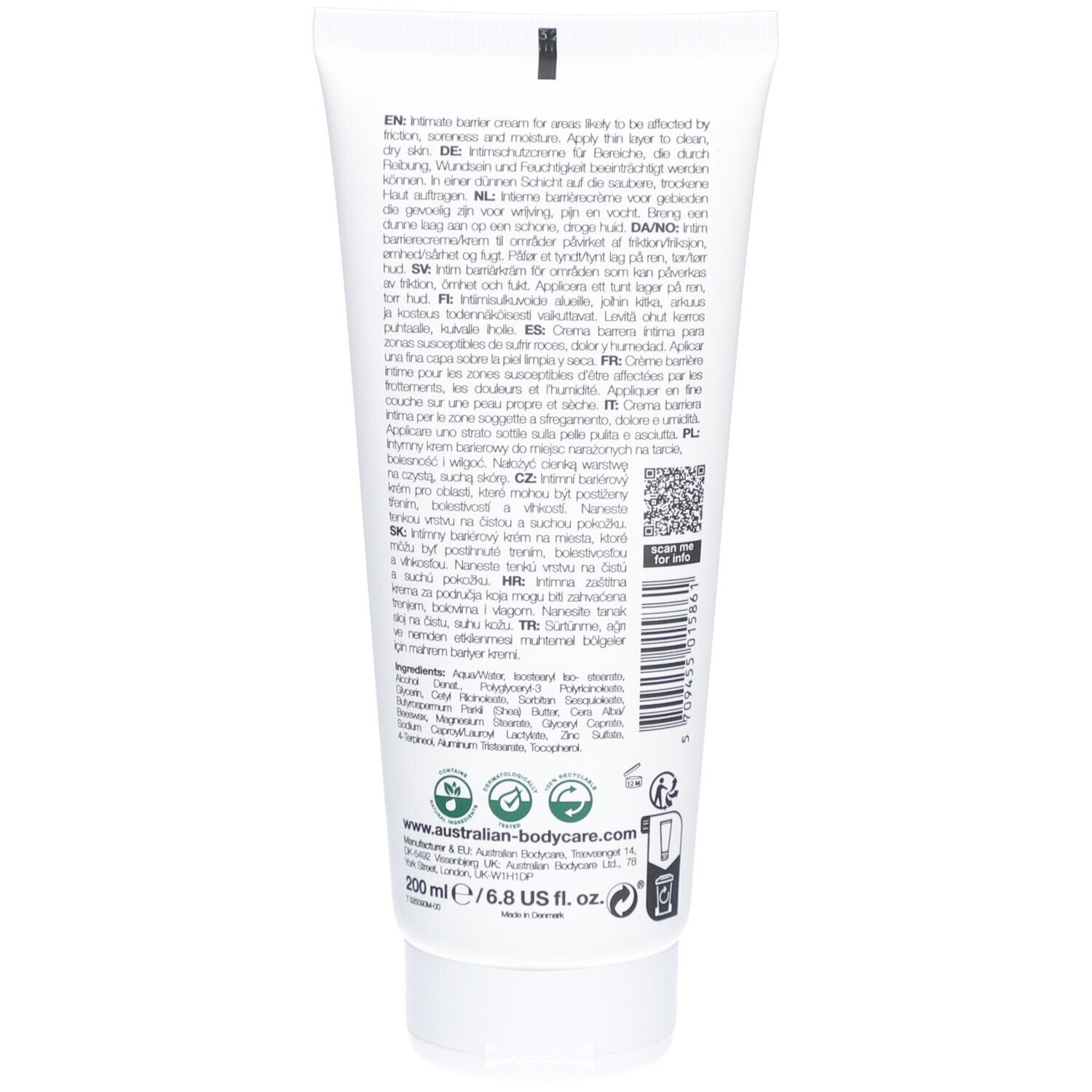 Dos du tube de crème barrière. Texte en plusieurs langues. Contient les ingrédients et les informations du fabricant.