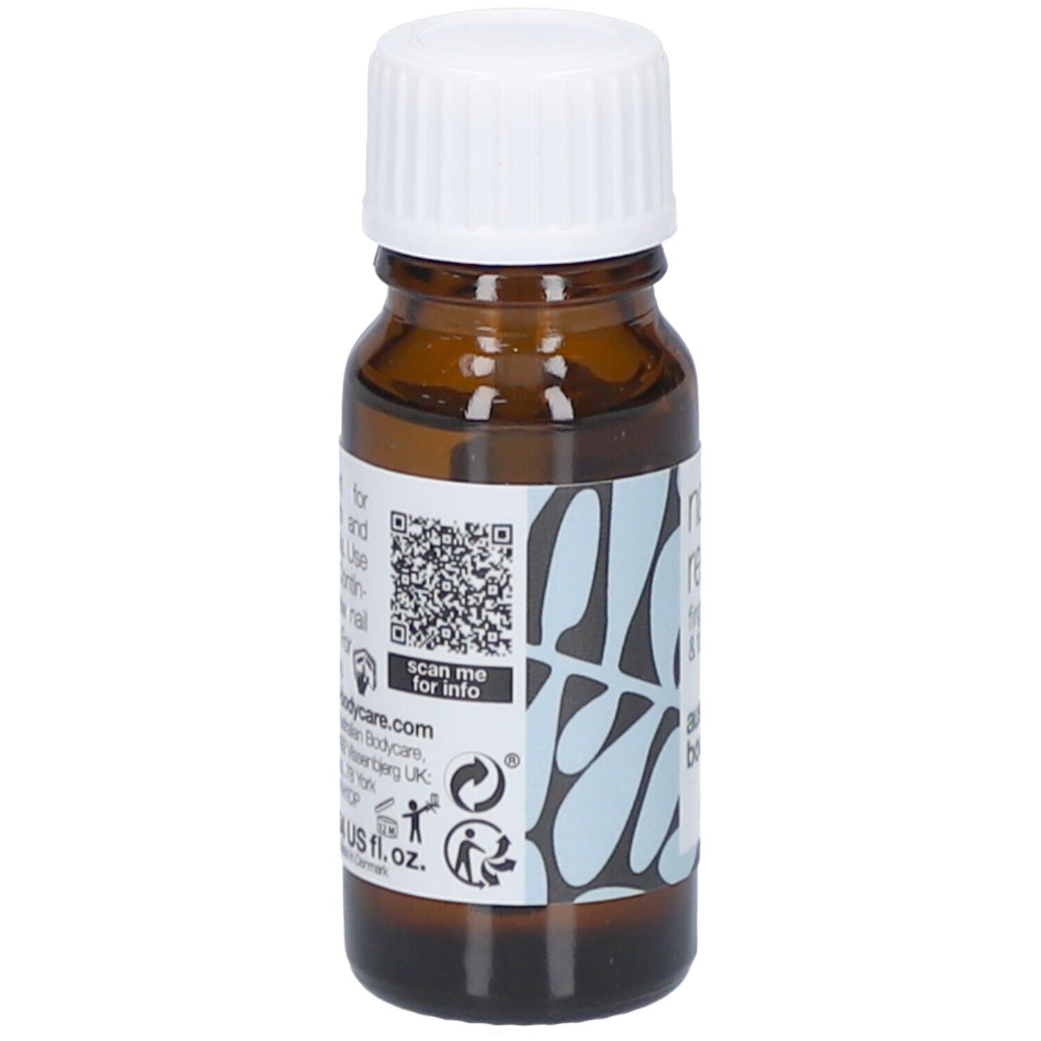 Flacon brun avec bouchon blanc. Étiquette avec texte et QR code. Marque : australian bodycare.