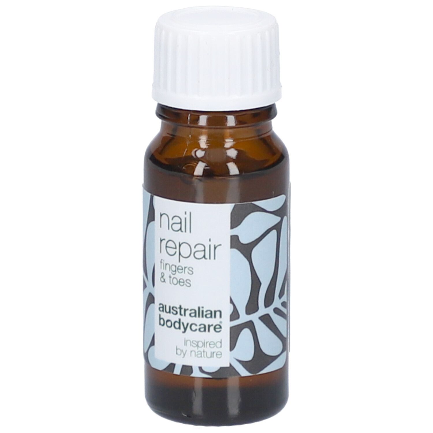 Flacon brun avec bouchon blanc. Étiquette : nail repair, fingers & toes, australian bodycare.