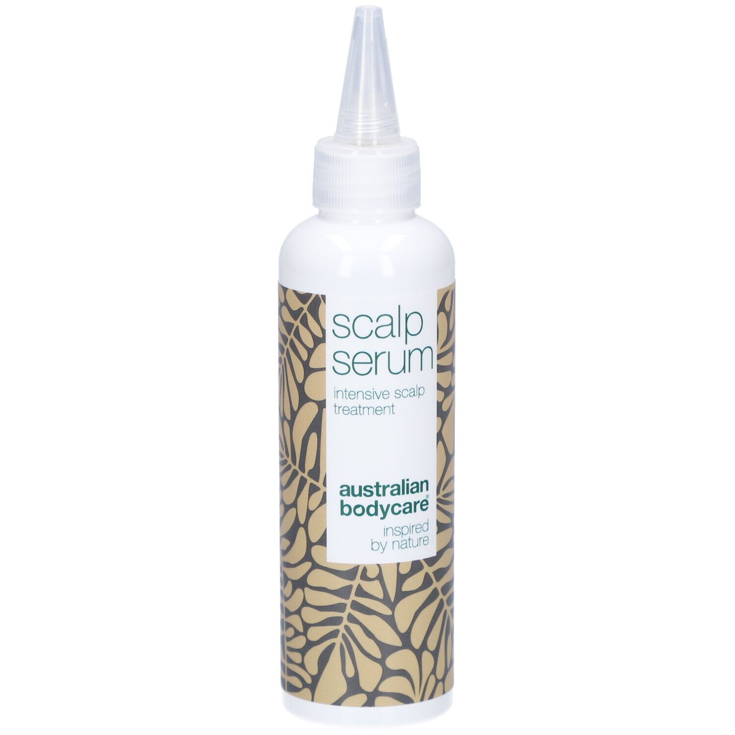 Flacon blanc avec applicateur. Inscription : Scalp Serum, intensive scalp treatment. Marque : Australian Bodycare.