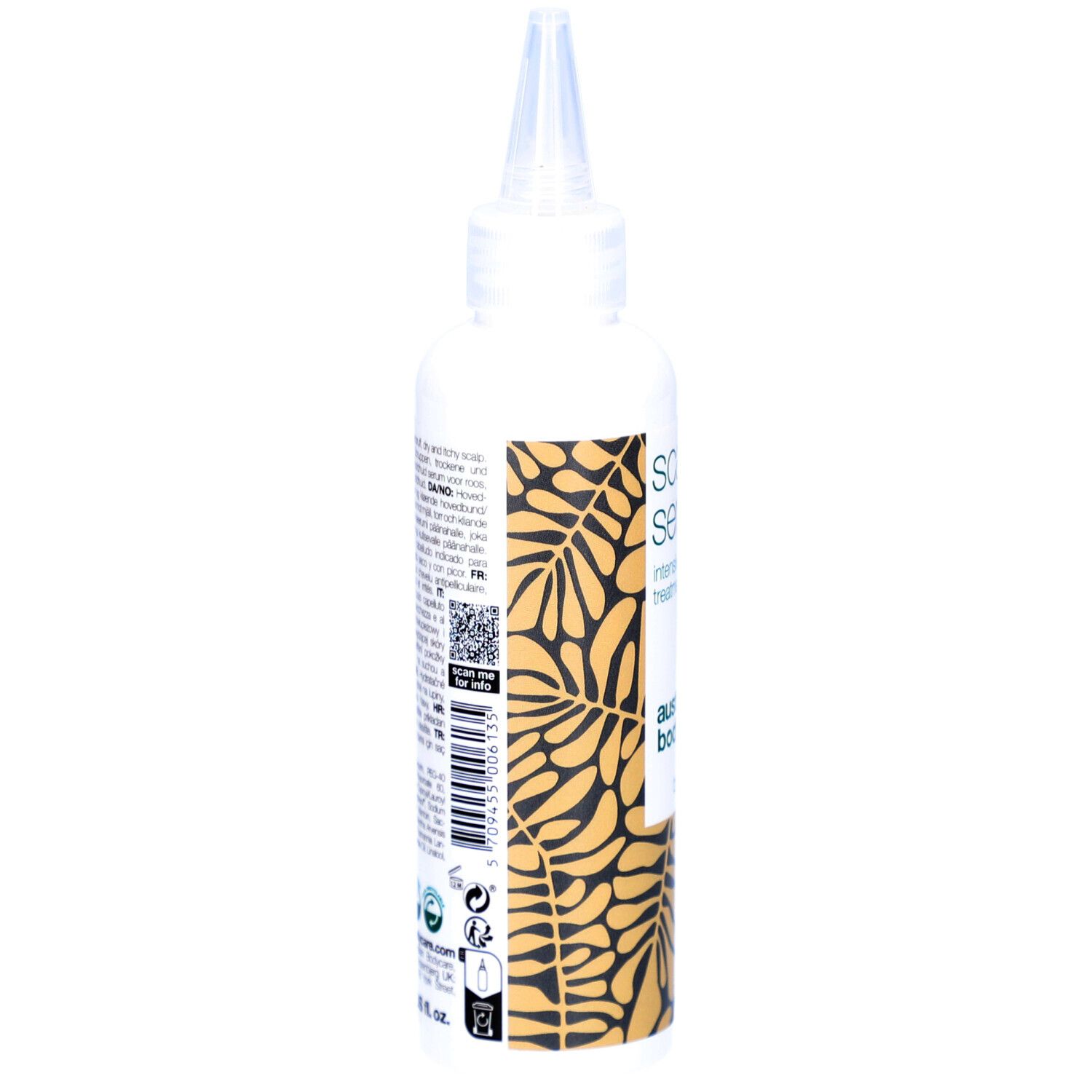 Flacon blanc avec applicateur. Inscription : Scalp Serum, intensive scalp treatment. Marque : Australian Bodycare.