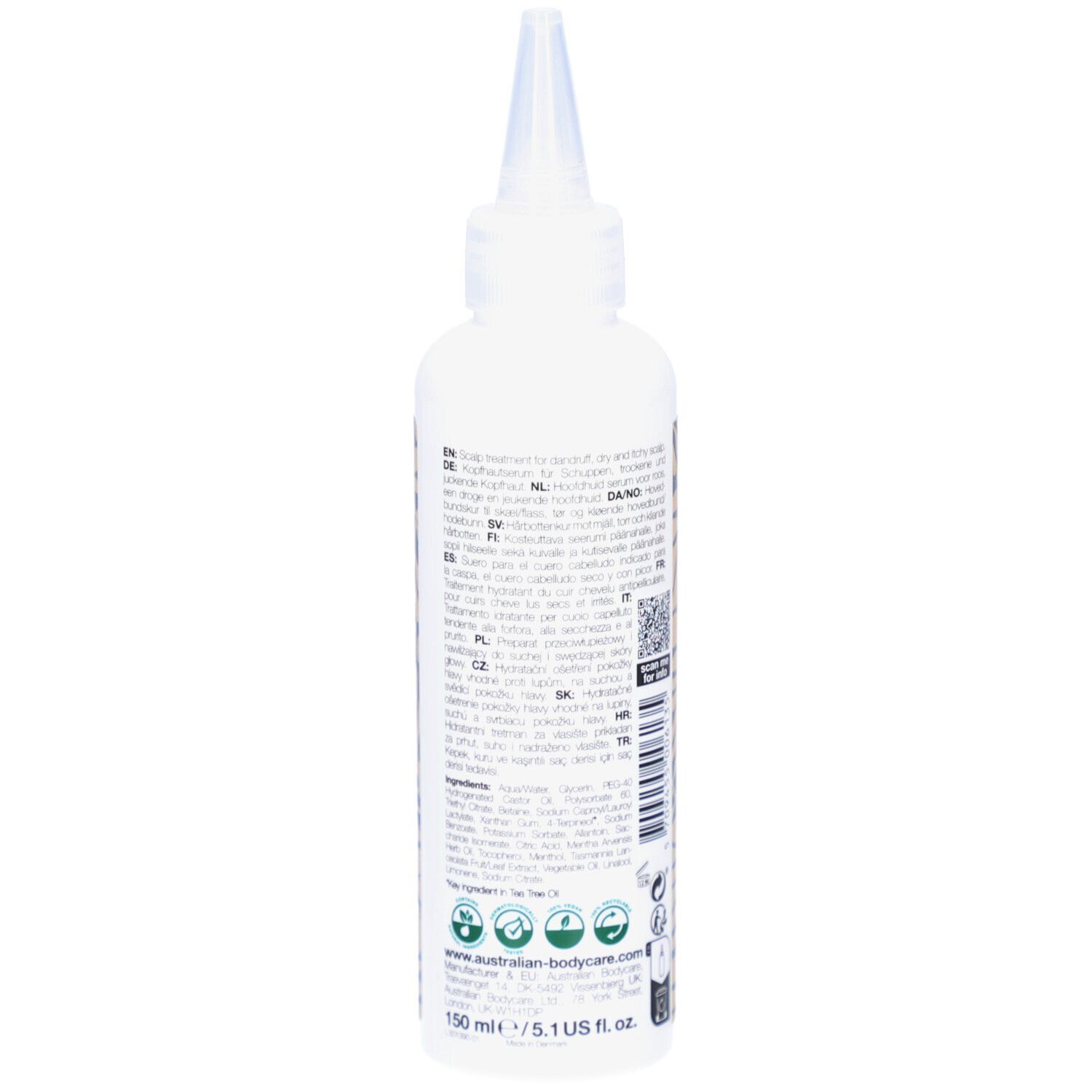 Flacon blanc avec applicateur. Inscription : Scalp Serum, intensive scalp treatment. Marque : Australian Bodycare.