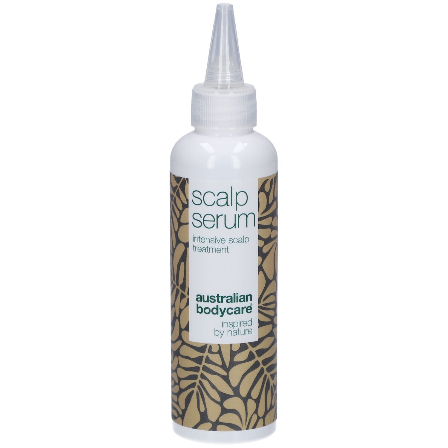 Flacon blanc avec applicateur. Inscription : Scalp Serum, intensive scalp treatment. Marque : Australian Bodycare.