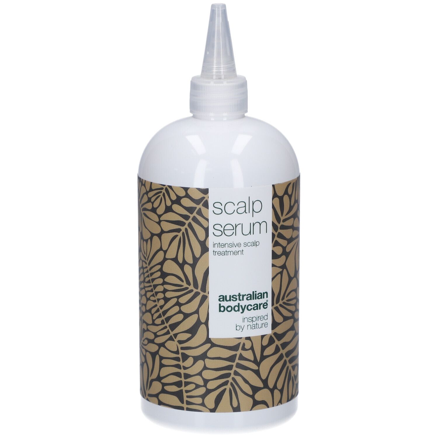 Flacon de sérum. Blanc, avec impression et embout applicateur. Inscription : Scalp Serum, Australian Bodycare.