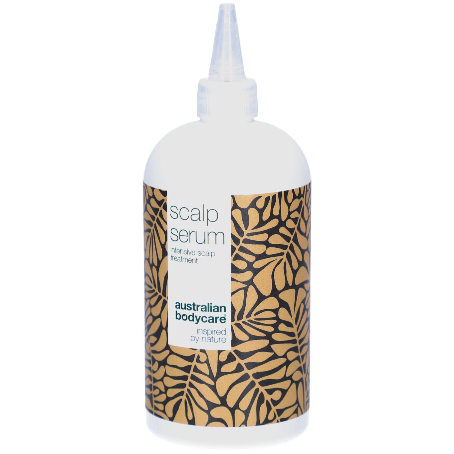 Flacon de sérum. Blanc, avec impression et embout applicateur. Inscription : Scalp Serum, Australian Bodycare.