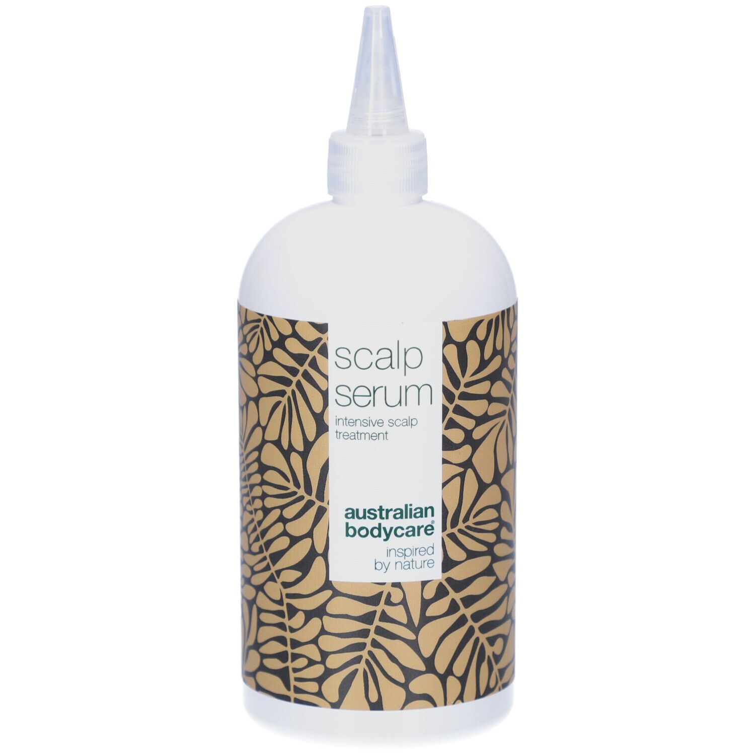 Flacon de sérum. Blanc, avec impression et embout applicateur. Inscription : Scalp Serum, Australian Bodycare.