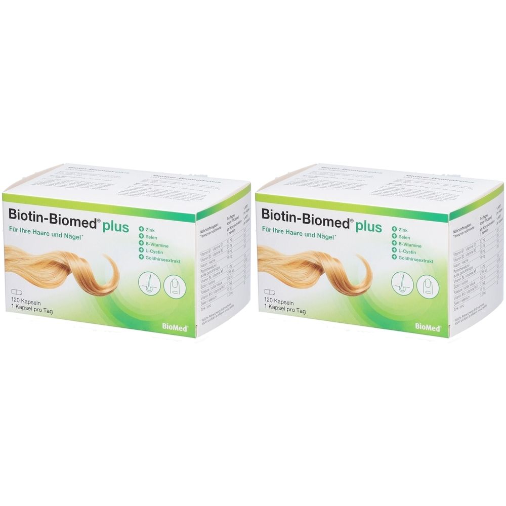 Deux boîtes de Biotin-Biomed plus. Emballage blanc avec couvercle vert. Impression : mèche de cheveux, nom du produit, ingrédients, 120 gélules.