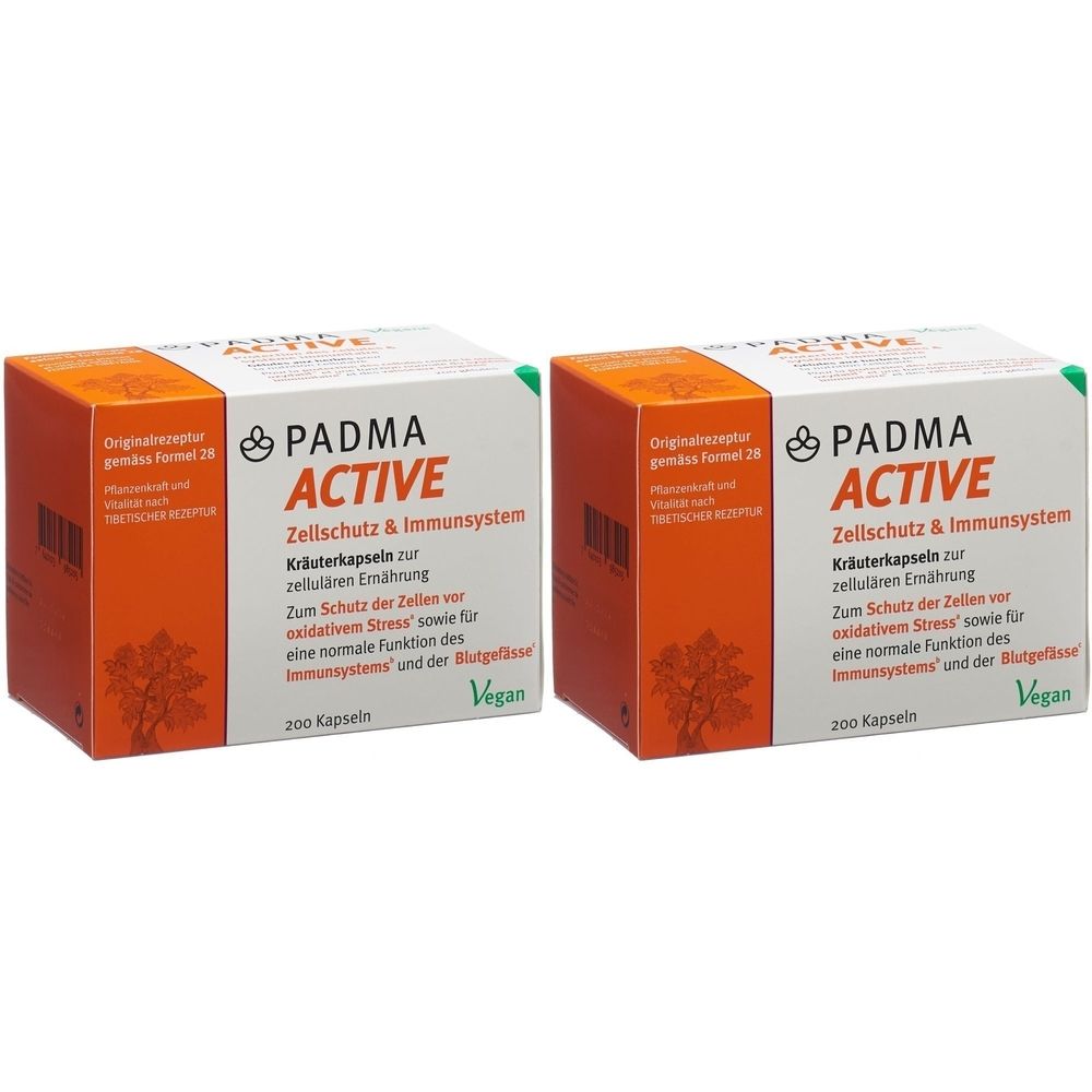 Deux boîtes de gélules "PADMA ACTIVE". Inscription : Zellschutz & Immunsystem, 200 gélules, Vegan. Emballage orange et blanc.