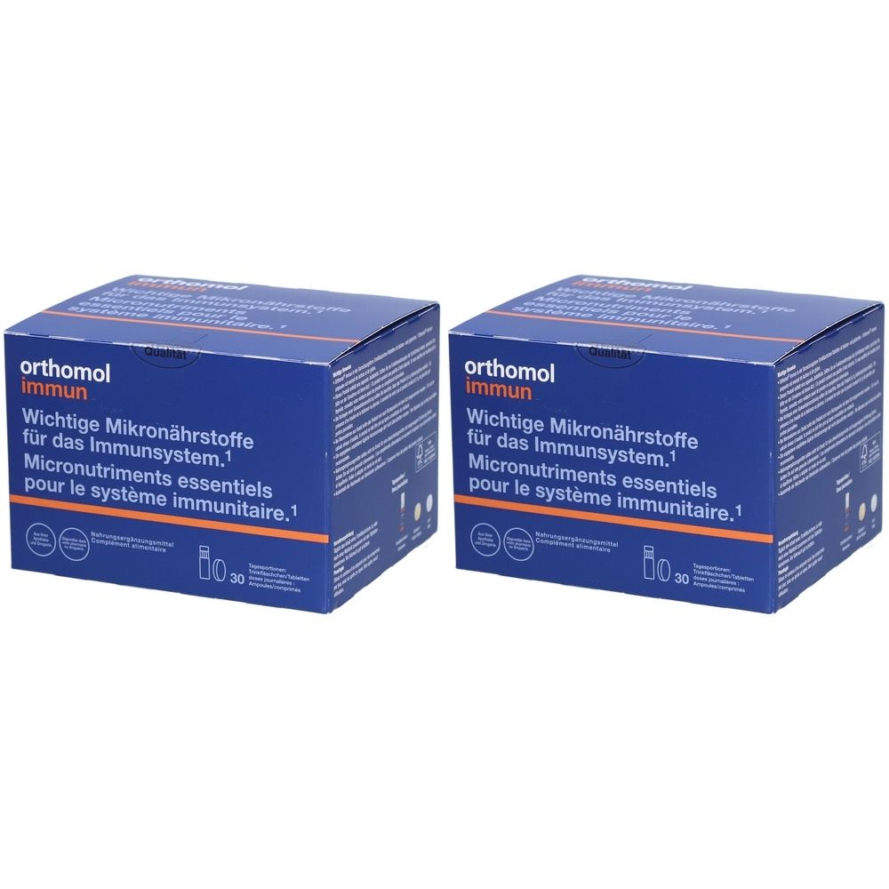 Deux boîtes bleues avec impression du produit. Inscription : orthomol immun. Micronutriments essentiels pour le système immunitaire.