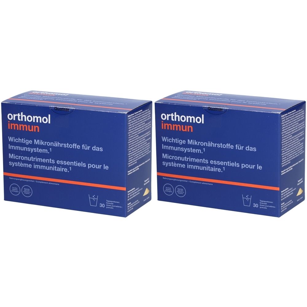 Deux boîtes bleues "orthomol immun". Texte en allemand et français. Contient 30 pièces.