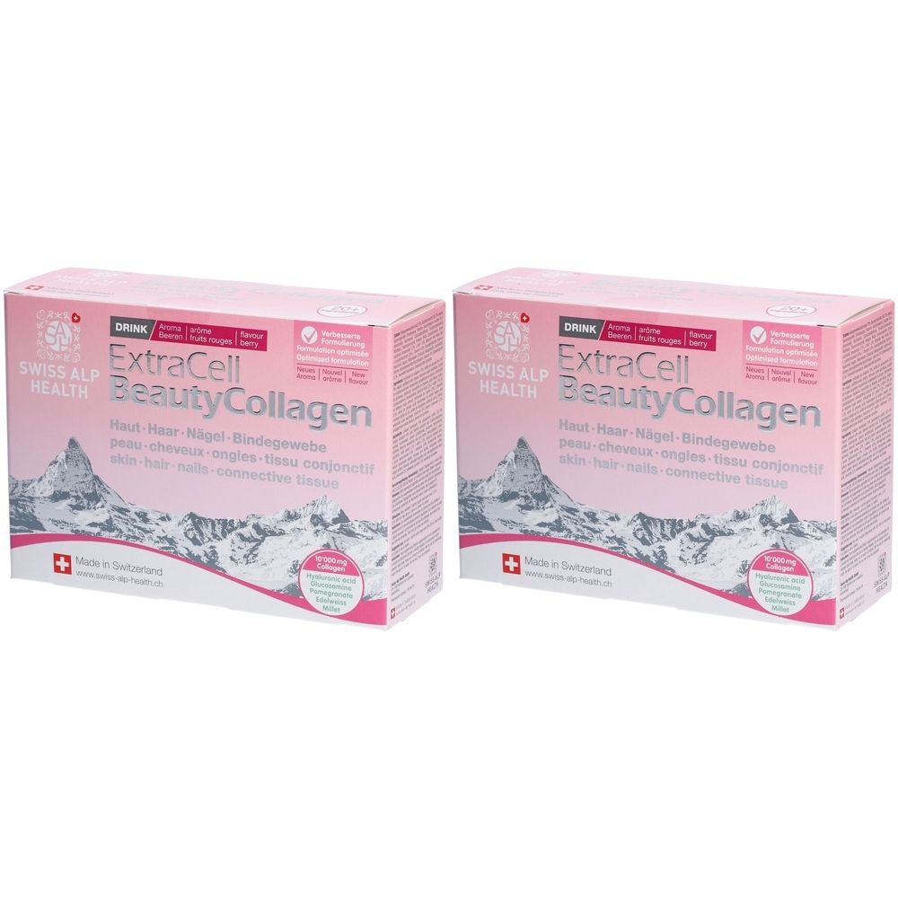 Deux boîtes roses avec "ExtraCell Beauty Collagen". Croix suisse et motif montagne. Texte en allemand, français, anglais.