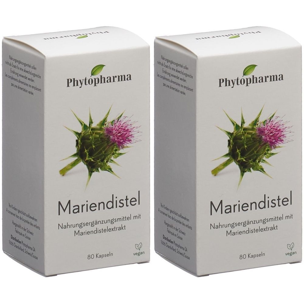 Deux boîtes blanches avec le nom du produit Mariendistel et le logo Phytopharma. Inscription : Complément alimentaire avec extrait de chardon-marie, 80 gélules.
