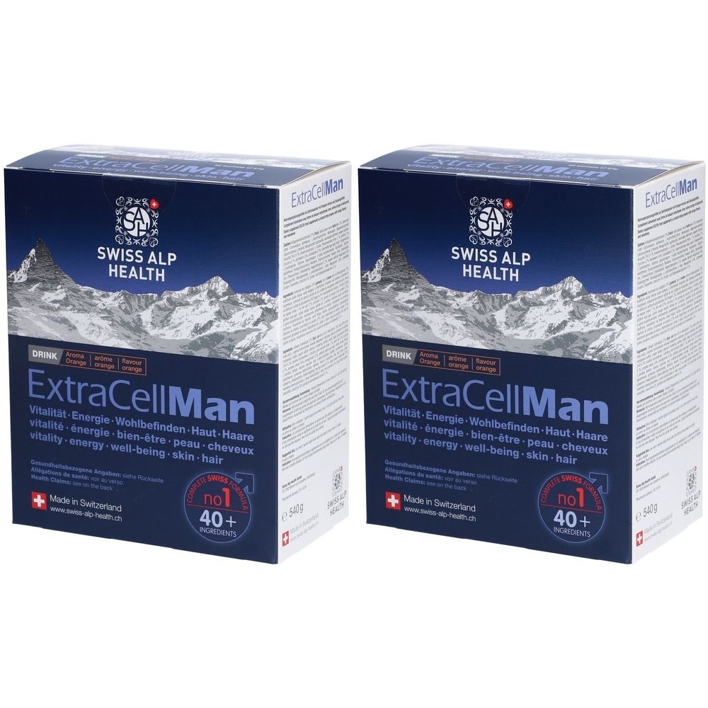 Deux boîtes de Swiss Alp Health ExtraCellMan. Emballage bleu avec nom du produit, logo et texte. Contient 40+ portions.