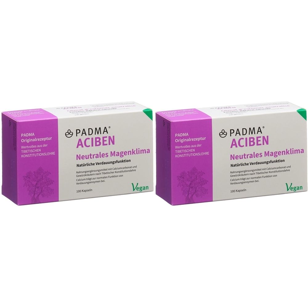 Deux boîtes de PADMA ACIBEN. Blanc, violet et vert. Texte : Neutre pour l'estomac, fonction digestive naturelle. Label Vegan.