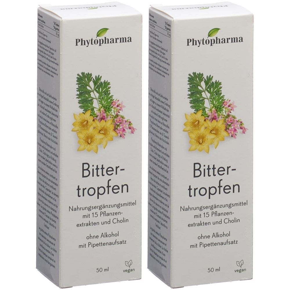 Deux boîtes blanches avec informations produit. Inscription: Phytopharma, Bittertropfen, complément alimentaire, sans alcool, avec compte-gouttes.