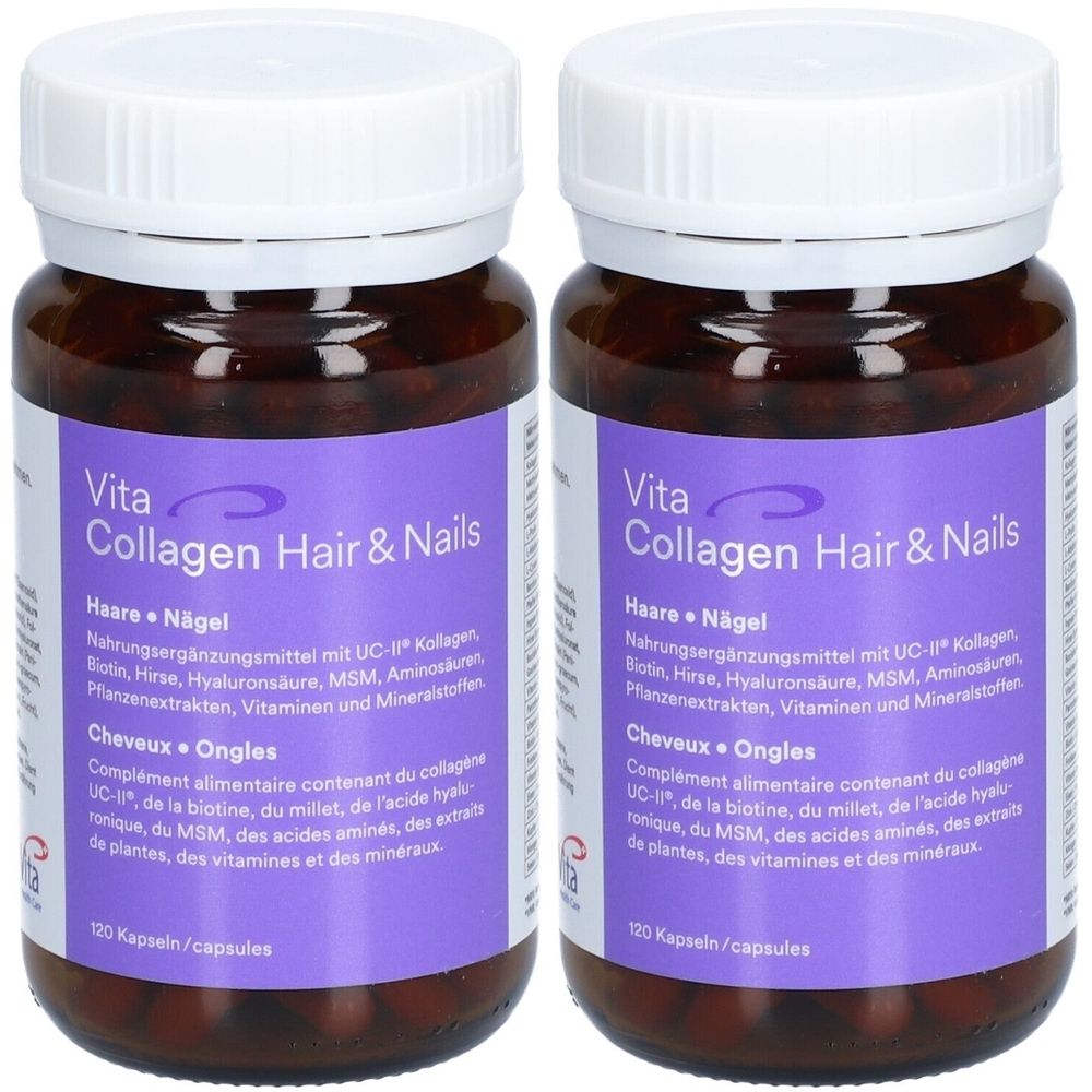 Deux flacons avec bouchons blancs et étiquettes violettes. L'étiquette indique "Vita Collagen Hair & Nails".