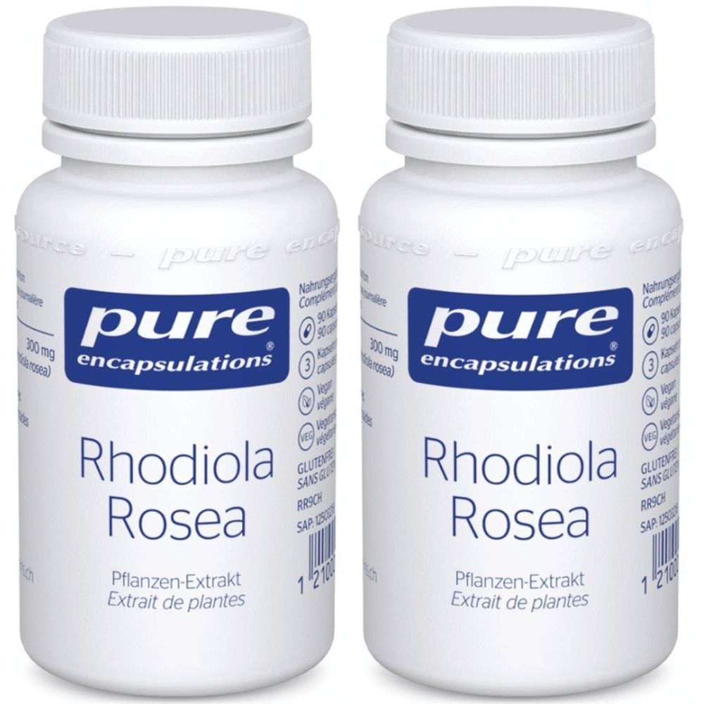 Deux flacons blancs avec bouchons à vis. Inscription : pure encapsulations, Rhodiola Rosea, Extrait de plantes. Étiquettes bleues.