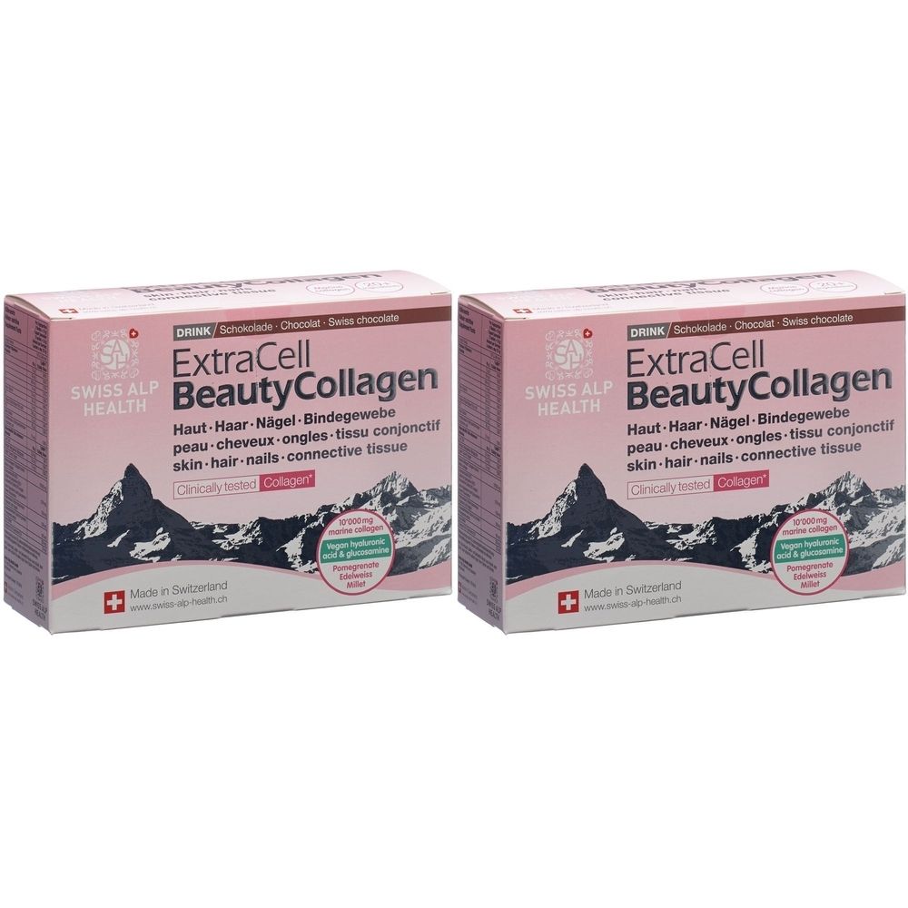 Deux boîtes de EXTRA CELL Beauty Collagen. Inscription : Beauty Collagen, peau, cheveux, ongles, tissu conjonctif. Montagnes en arrière-plan.