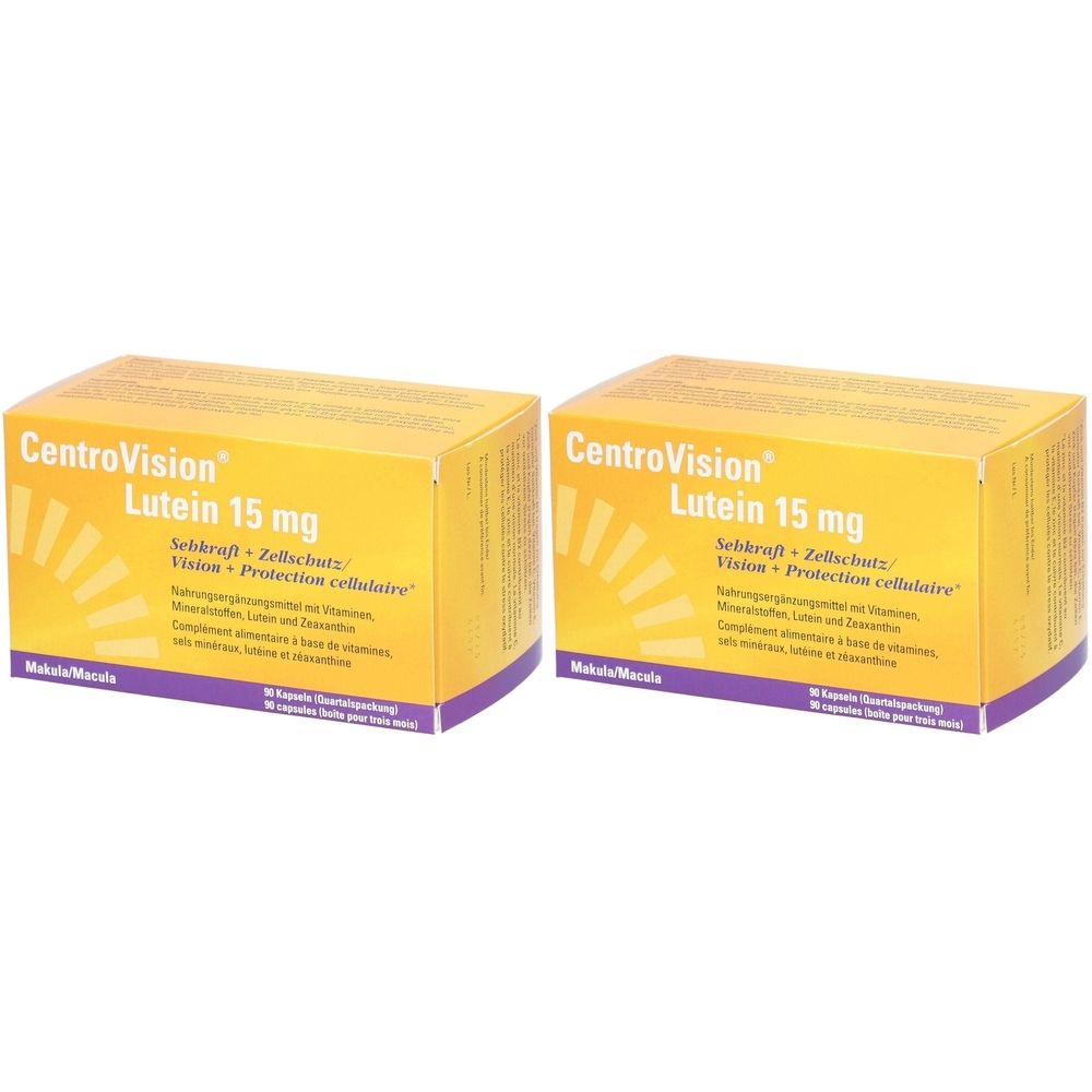 Deux boîtes jaunes avec l'inscription CentroVision Lutein 15 mg. Texte en allemand et français. Inscription: Protection de la vision et cellulaire.