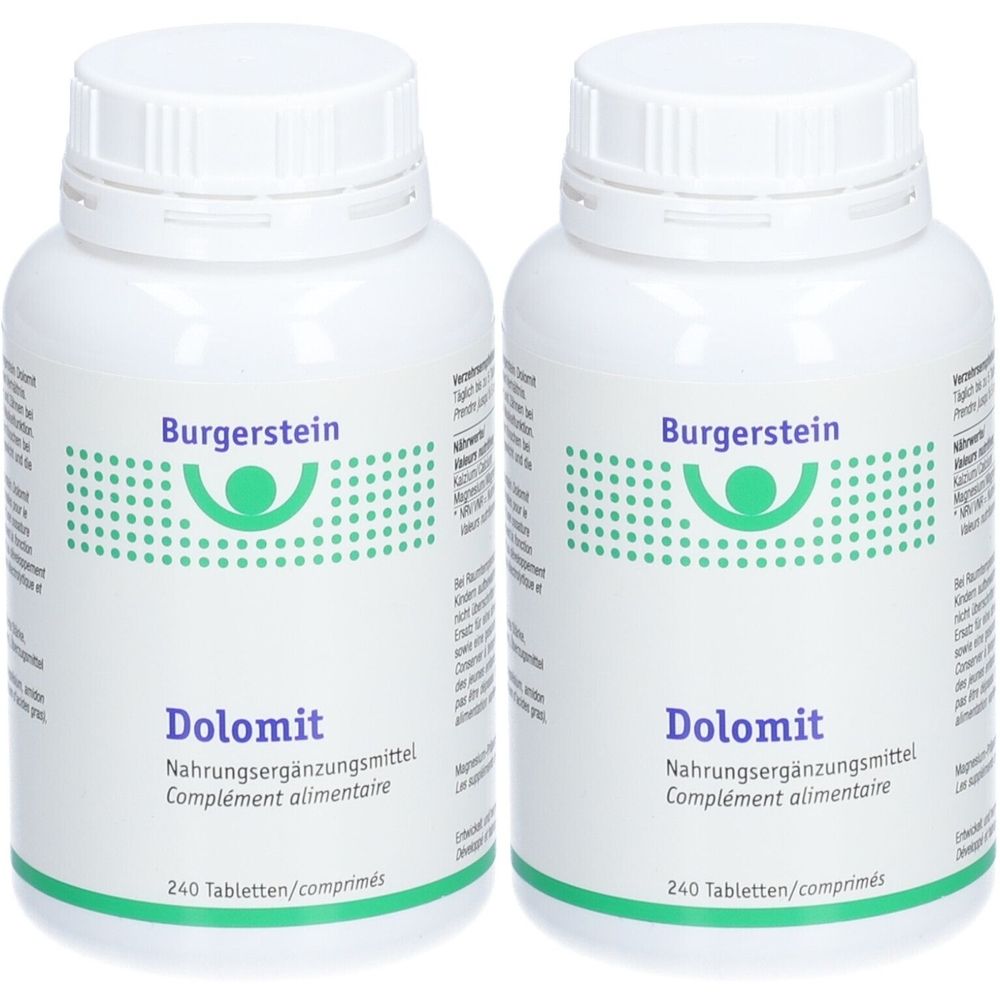 Deux flacons blancs avec bouchon à vis. Inscription "Burgerstein Dolomit". 240 comprimés. Complément alimentaire.
