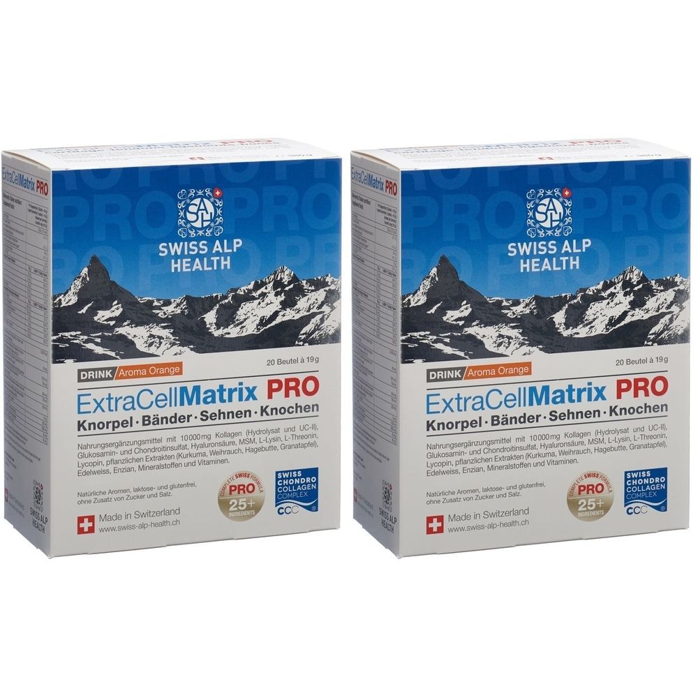 Deux boîtes de EXTRA CELL Matrix PRO. Emballage bleu avec logo, nom du produit et texte. Contient 25 sachets. Swiss Chondro Collagen.