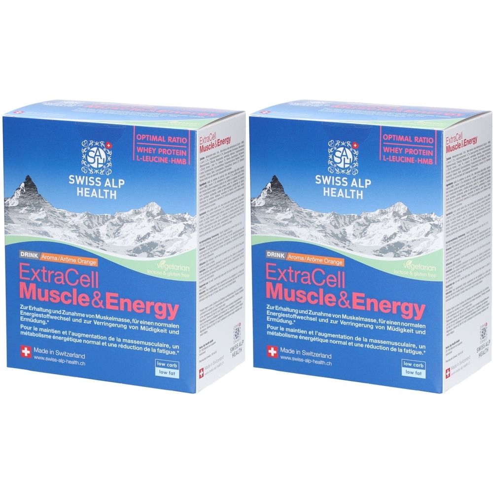 Deux boîtes de Swiss Alp Health ExtraCell Muscle&Energy. Emballage bleu avec nom et logo du produit. Contient du texte en allemand et en français.