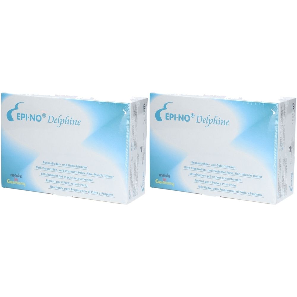 Deux boîtes blanches avec le texte EPI-NO® Delphine. Texte en plusieurs langues.