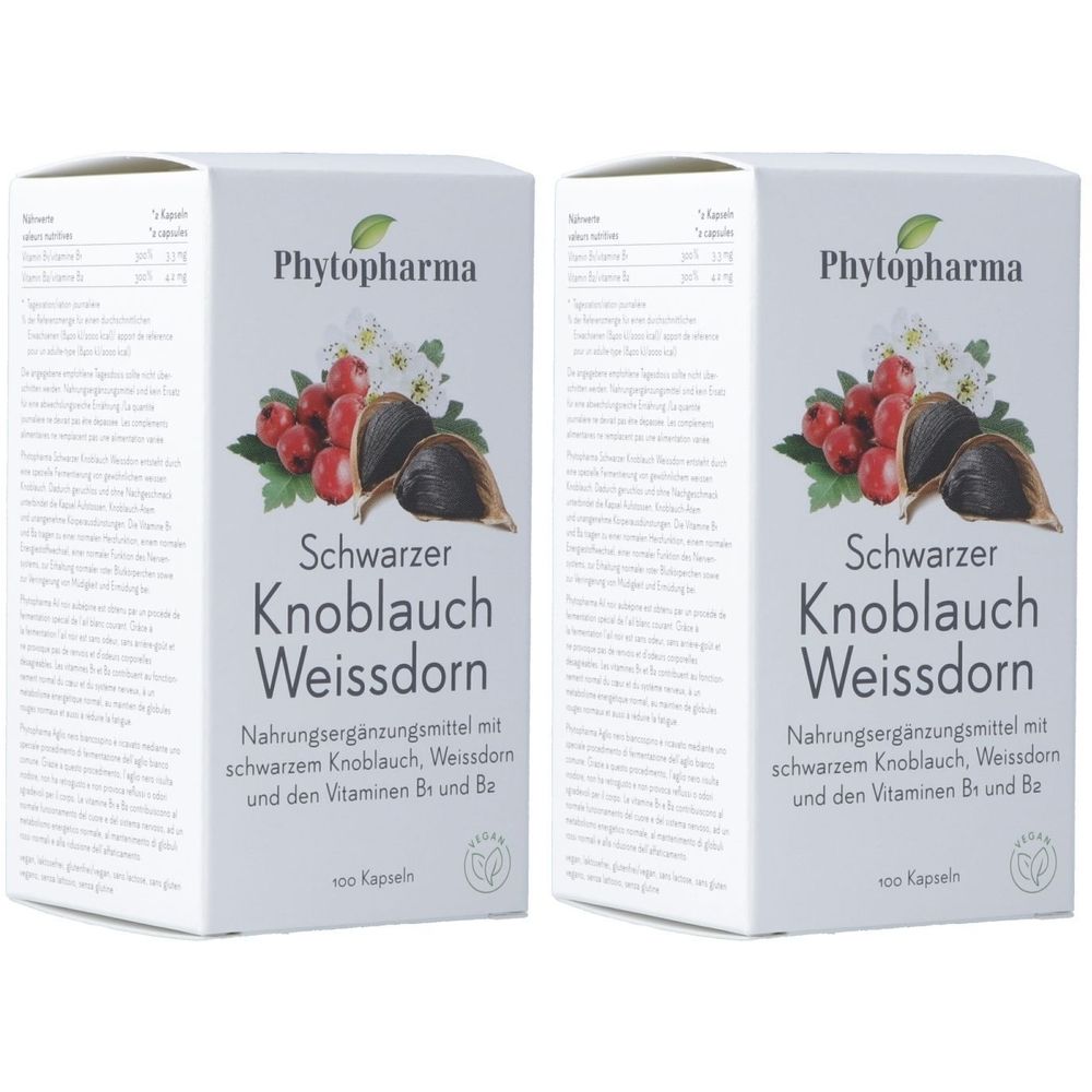 Deux boîtes blanches avec impression de produit. Impression : Ail noir Aubépine, marque Phytopharma, 100 gélules.