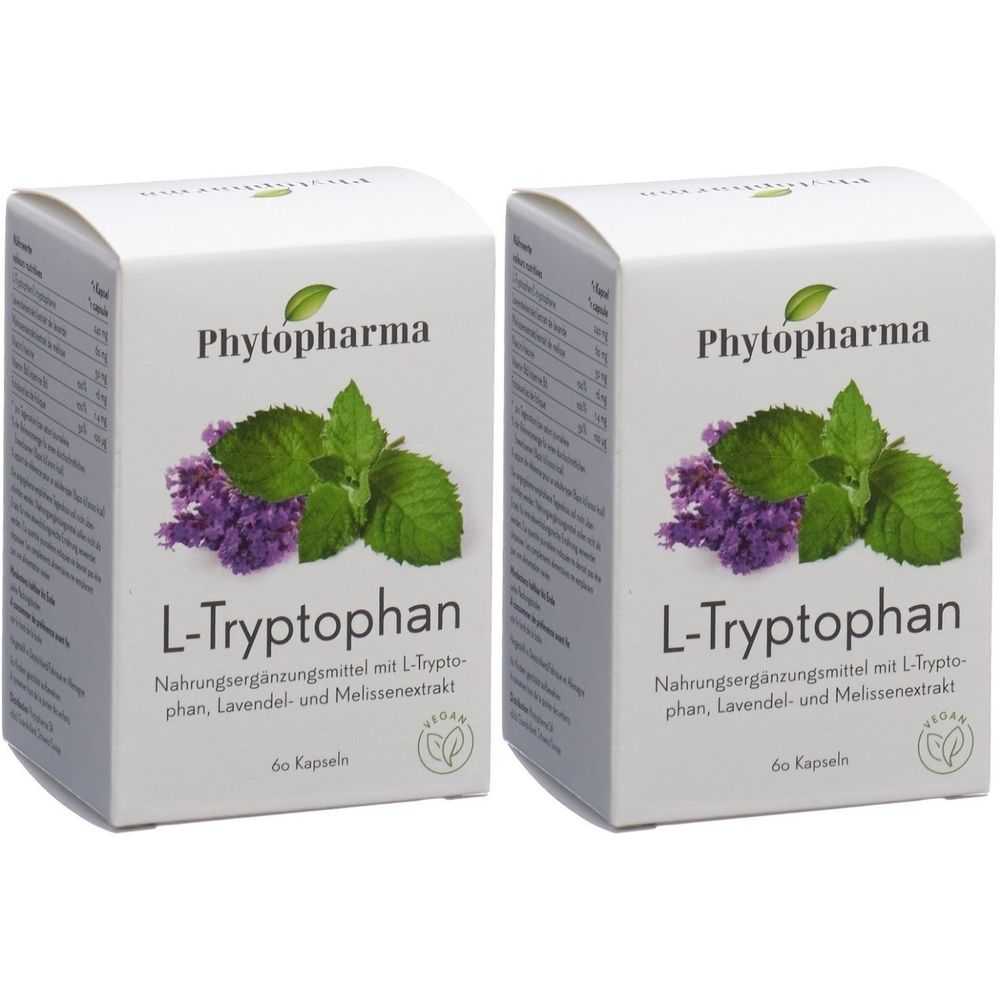 Deux boîtes blanches avec "Phytopharma" et "L-Tryptophan". Illustration de lavande et menthe. Texte : Complément alimentaire. 60 gélules.