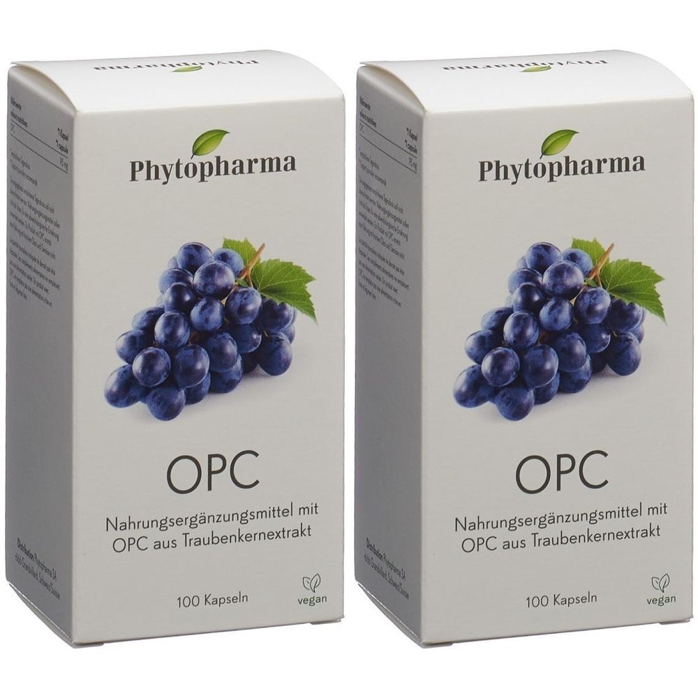 Deux boîtes blanches avec illustration de raisins et inscription OPC. Texte : Complément alimentaire, 100 gélules, vegan.