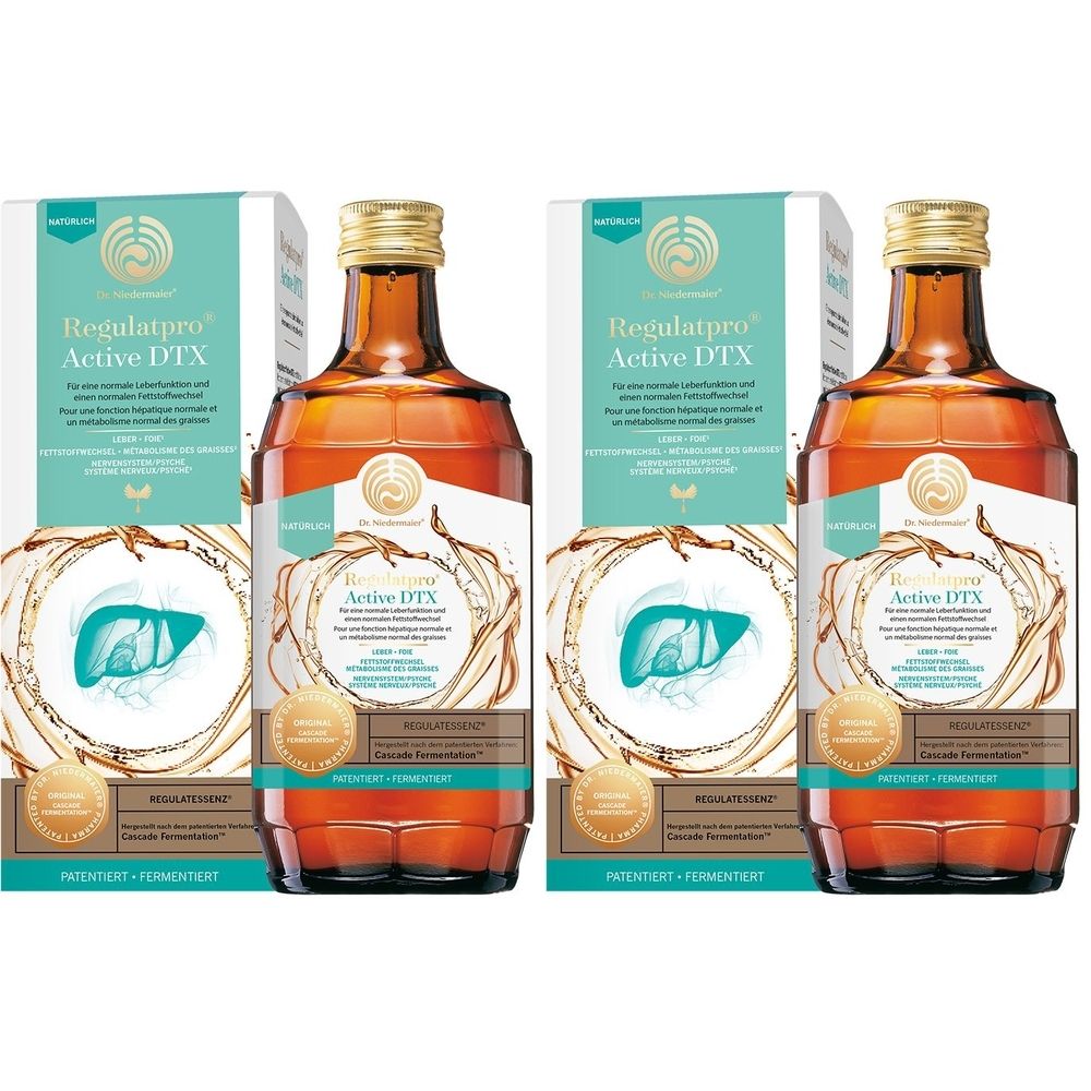 Plusieurs flacons de liquide brun avec bouchons dorés, à côté de boîtes avec nom et logo du produit. Inscription : Regulatpro Active DTX.