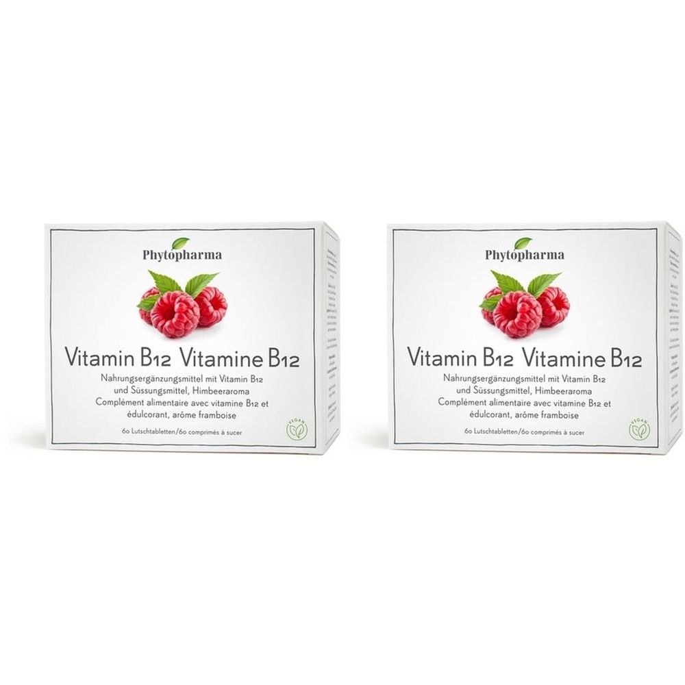 Deux boîtes de vitamine B12. Inscription: Phytopharma, framboises, texte en allemand et français.