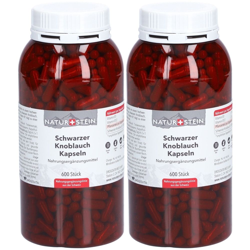 Deux flacons de gélules d'ail noir. Inscription : NATUR+STEIN, Schwarzer Knoblauch Kapseln, 600 pièces. Complément alimentaire.