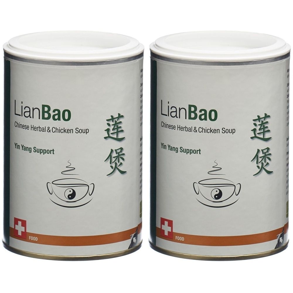 Deux boîtes cylindriques avec couvercles blancs. Texte: LianBao, Chinese Herbal & Chicken Soup, Yin Yang Support. Logo Yin-Yang. Croix rouge.
