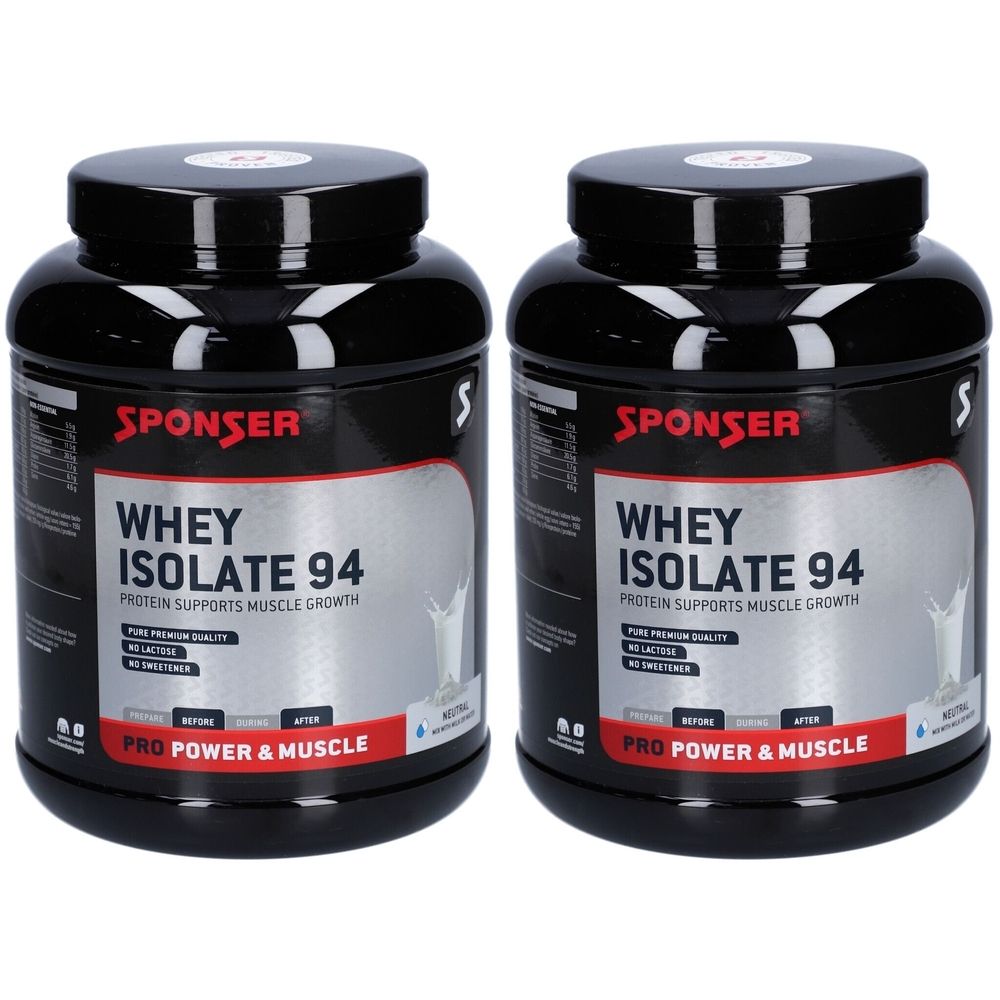 Deux boîtes noires SPONSER Whey Isolate 94. Inscription : La protéine soutient la croissance musculaire. Pro Power & Muscle.