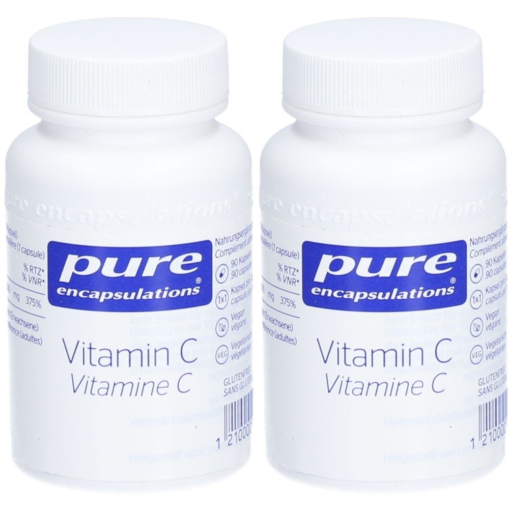 Deux flacons blancs avec bouchons à vis. L'étiquette bleue porte "pure encapsulations" et "Vitamin C".