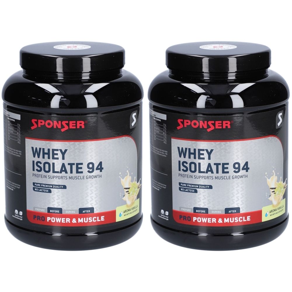 Deux boîtes noires de SPONSER Whey Isolate 94. Texte : La protéine soutient la croissance musculaire. Bande rouge : PRO POWER & MUSCLE.