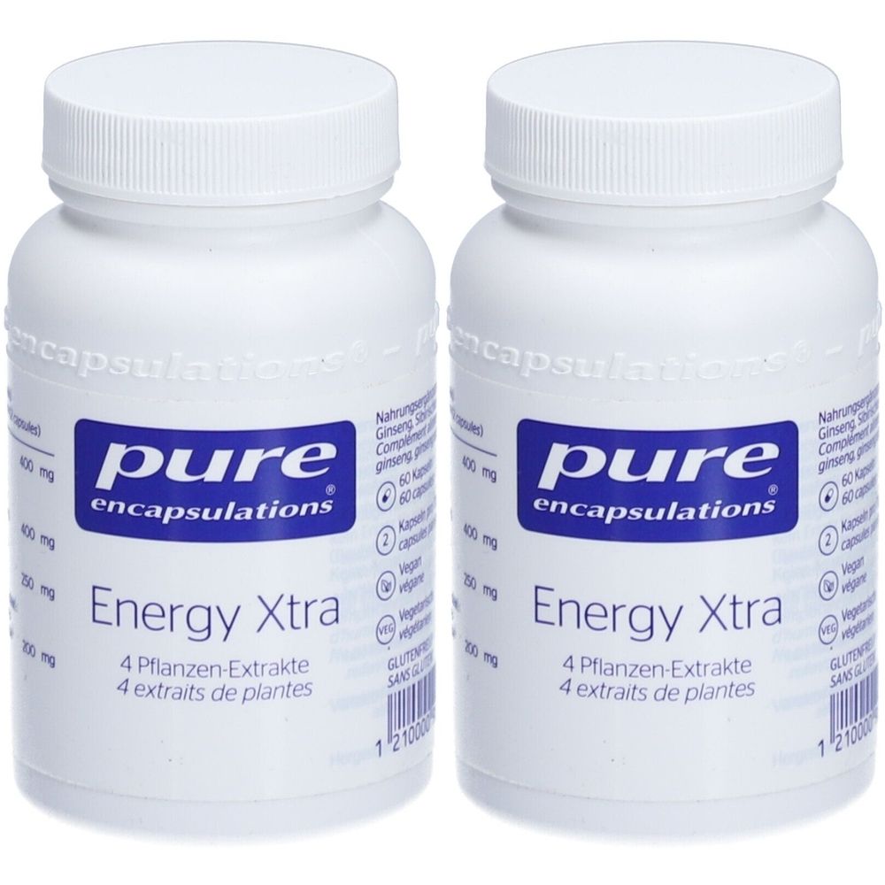 Deux flacons blancs de capsules. Inscription : pure encapsulations, Energy Xtra, 4 extraits de plantes. Étiquettes bleues.