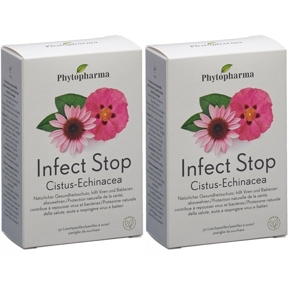 Deux boîtes "Infect Stop". Inscriptions : "Cistus-Echinacea", illustration florale, logo "Phytopharma".