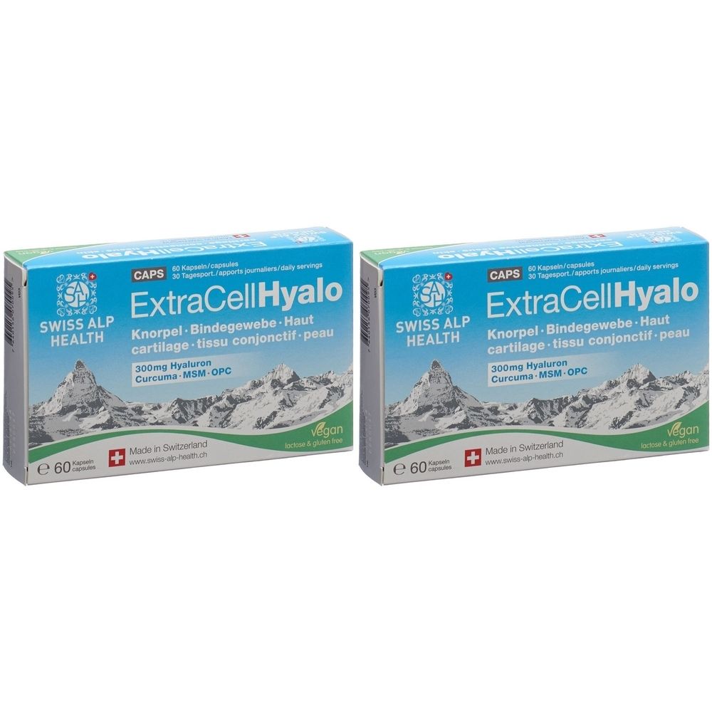 Deux boîtes de gélules "ExtraCellHyalo". Emballage bleu avec texte et motif de montagne. Contient 60 gélules.