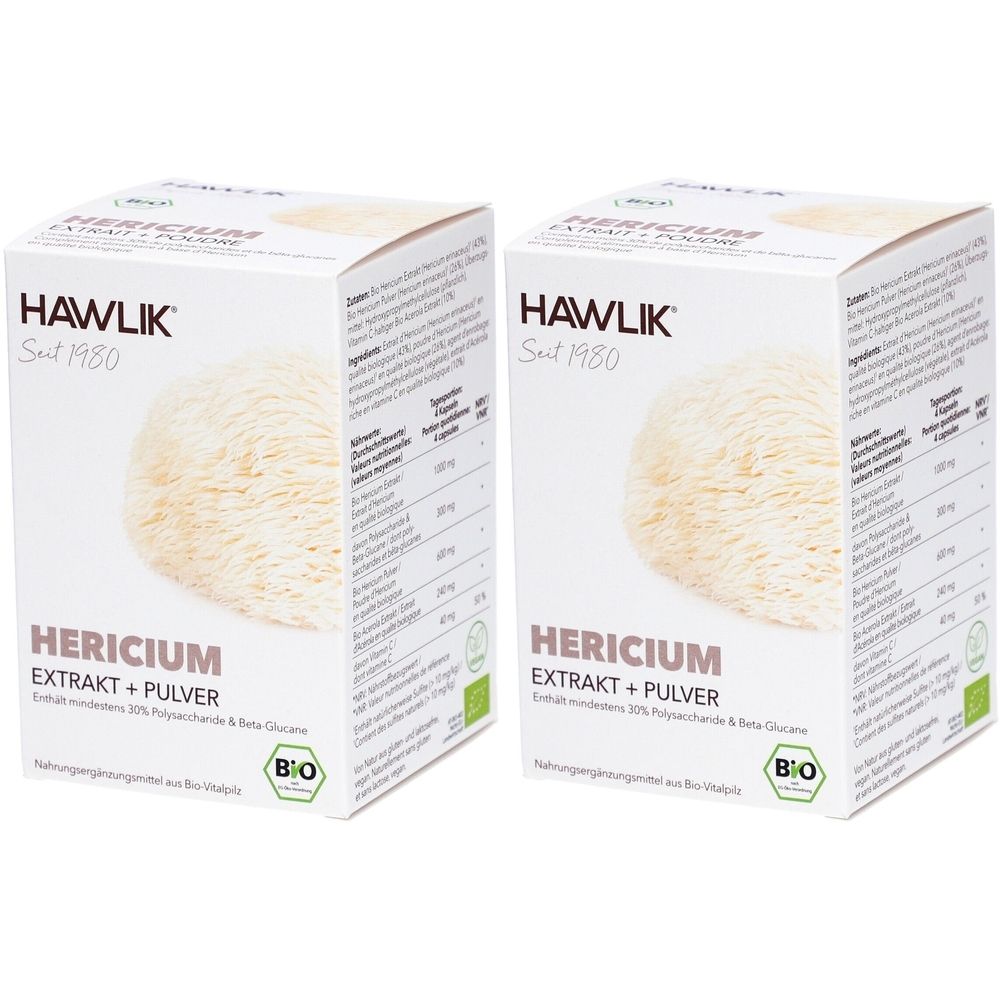 Deux boîtes blanches avec le nom du produit HERICIUM EXTRAKT + PULVER. Inscription HAWLIK Seit 1980. Label bio.