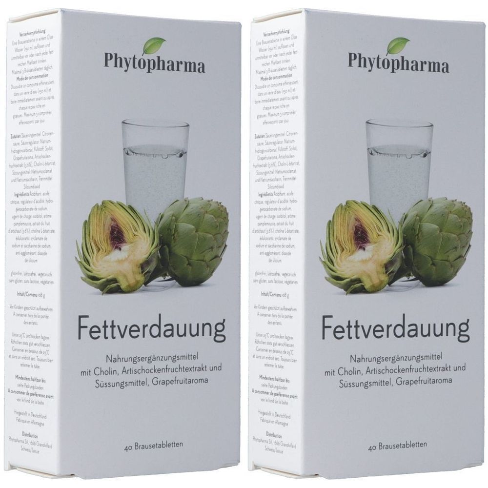 Deux boîtes de "Phytopharma Fettverdauung". Illustration: artichaut, verre d'eau. Texte: Complément alimentaire, 40 comprimés effervescents.
