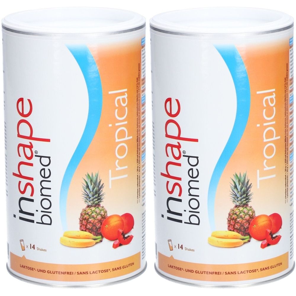 Deux boîtes cylindriques avec l'étiquette "inshape biomed Tropical". Ananas, bananes et oranges illustrées. Inscription : "Sans lactose et sans gluten".
