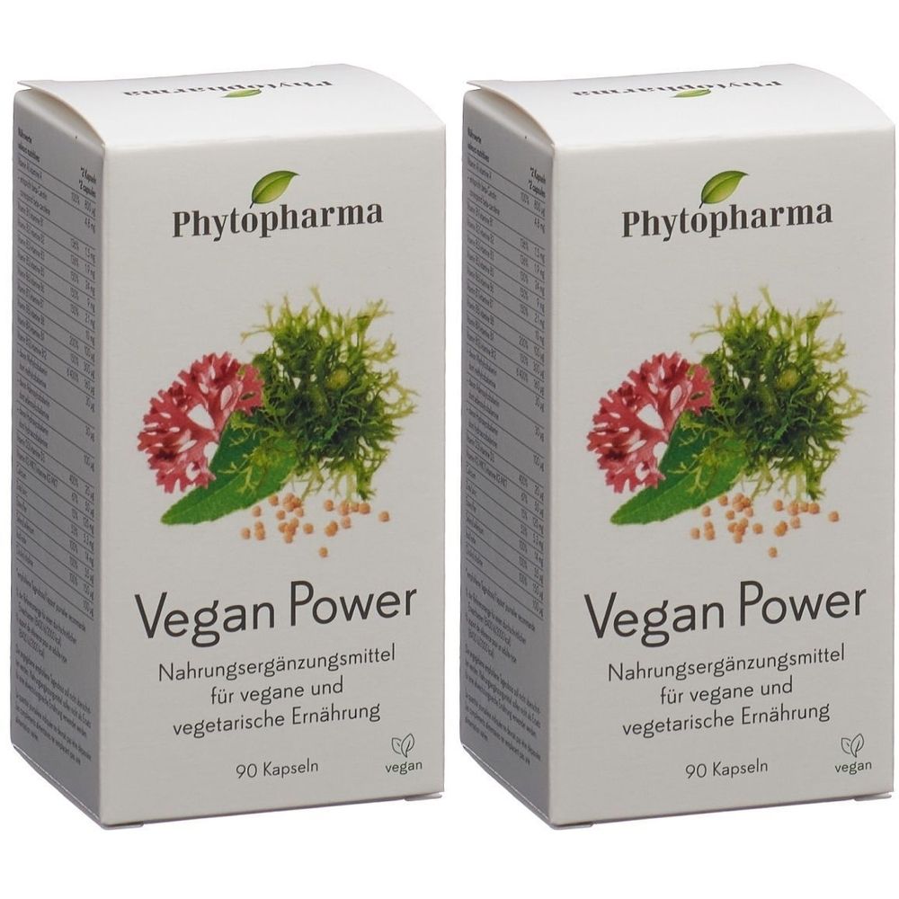 Deux boîtes blanches avec "Phytopharma Vegan Power". Texte : Complément alimentaire pour végétaliens et végétariens. 90 gélules.