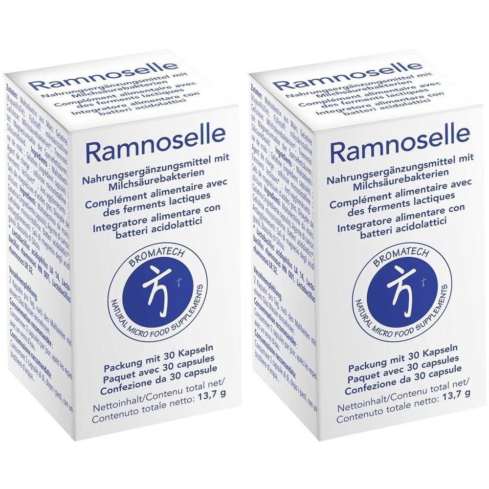 Deux boîtes blanches avec nom et logo du produit. Texte multilingue : Complément alimentaire avec des ferments lactiques.