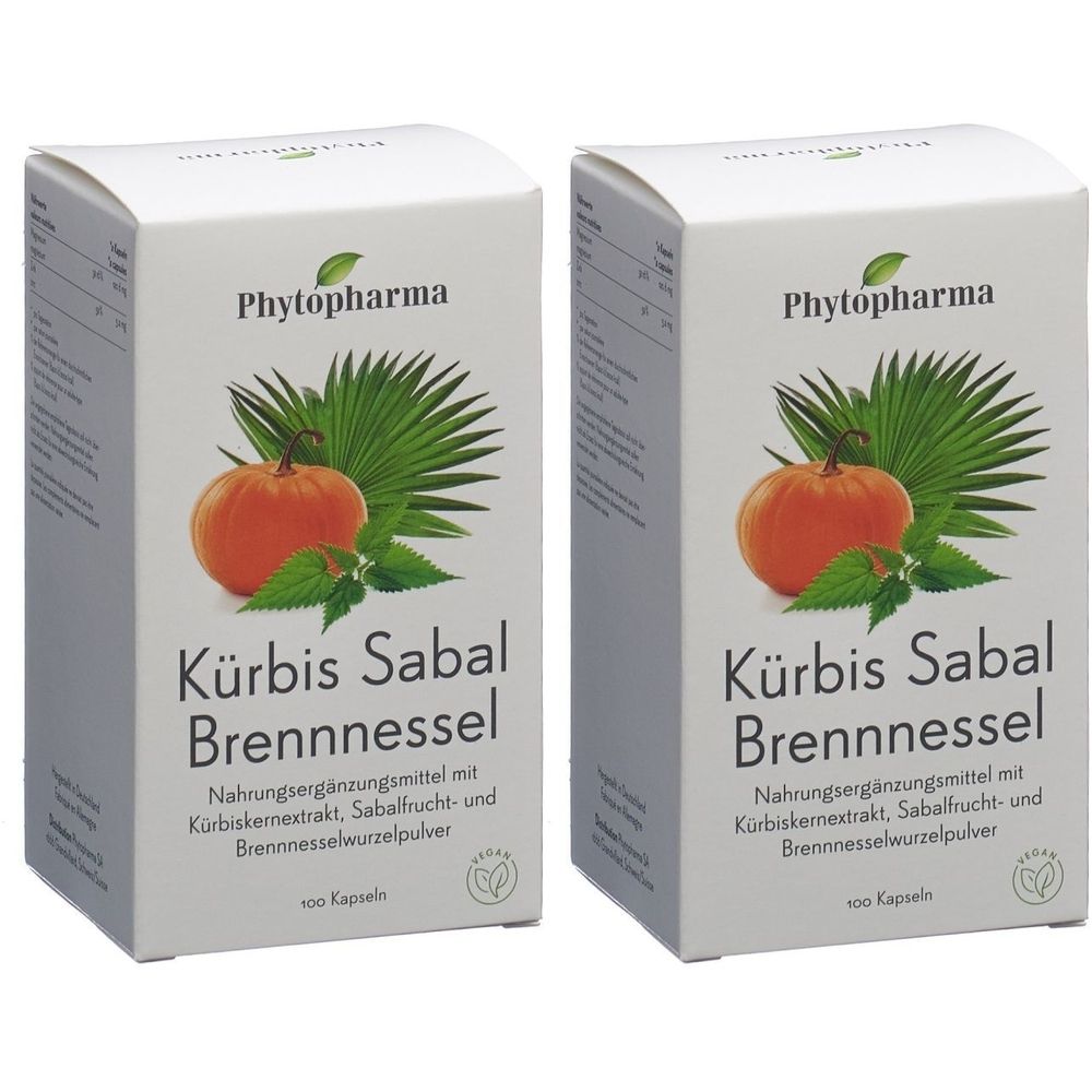 Deux boîtes blanches avec illustration de produit : courge, sabal, ortie. Inscription : Phytopharma. Complément alimentaire.